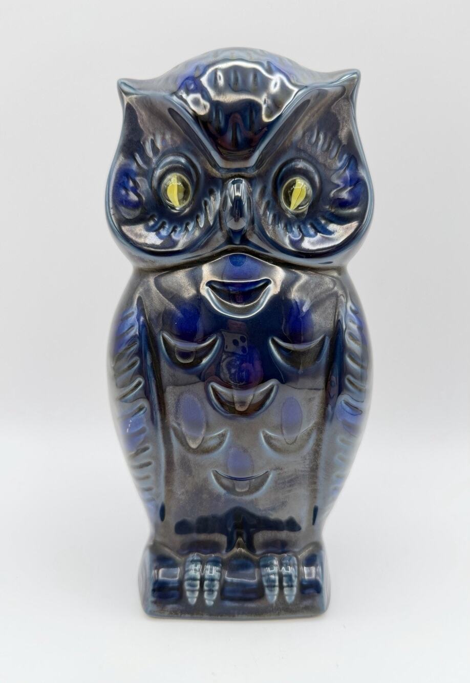 Lucky Brand Blue Glazed Ceramic Owl Coin Bank w Marble Eyes 8.5” Halloween Decor